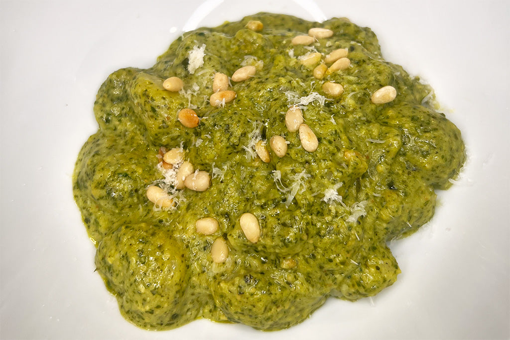Basil Pesto Gnocchi in a white bowl