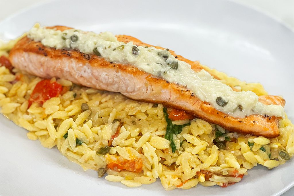 lemon caper salmon on orzo