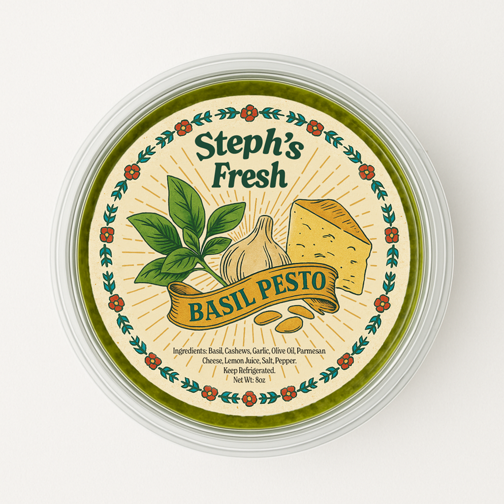 Steph's Fresh Basil Pesto container with label on a white background