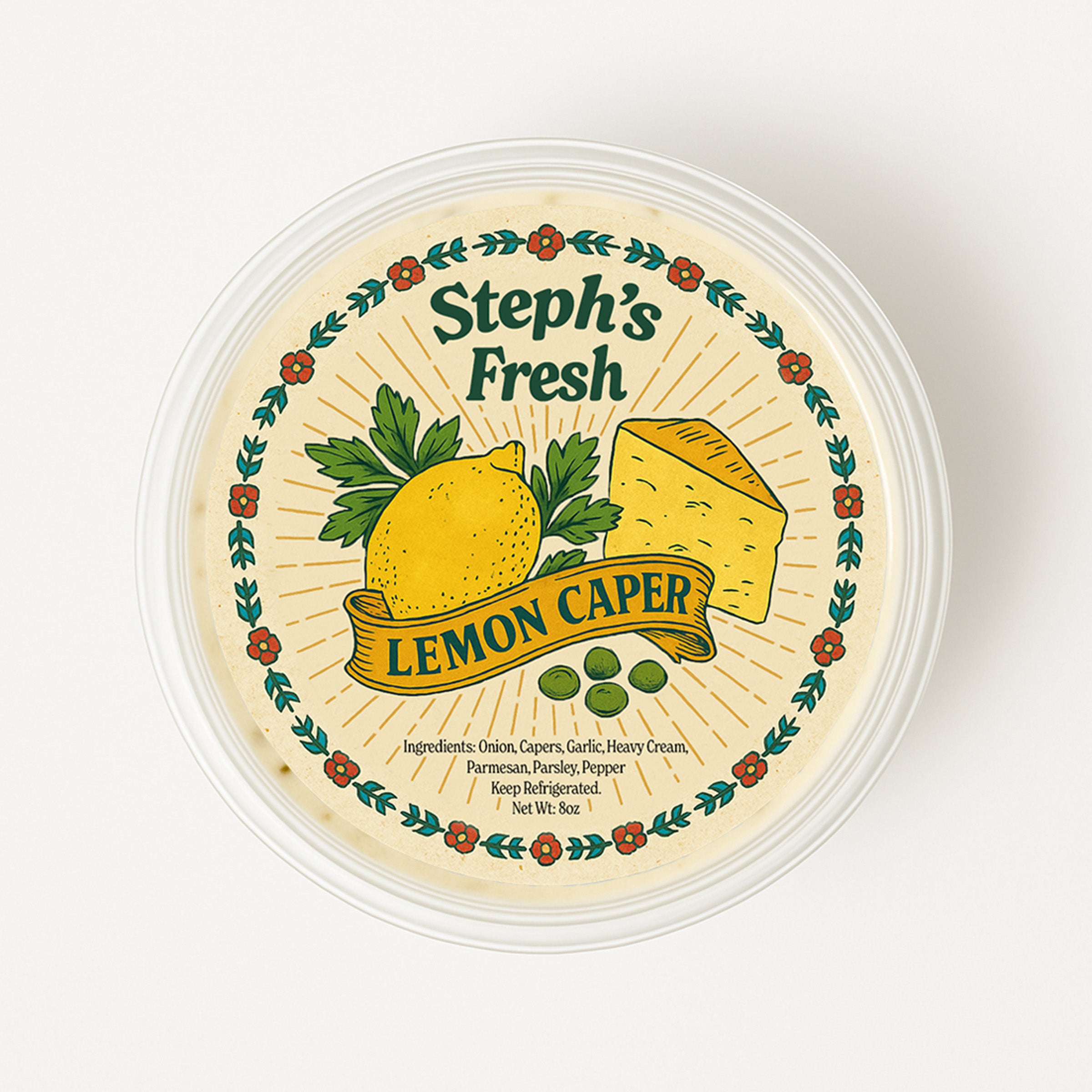Steph's Fresh Lemon Caper product packaging with lemon and caper illustration on a white background