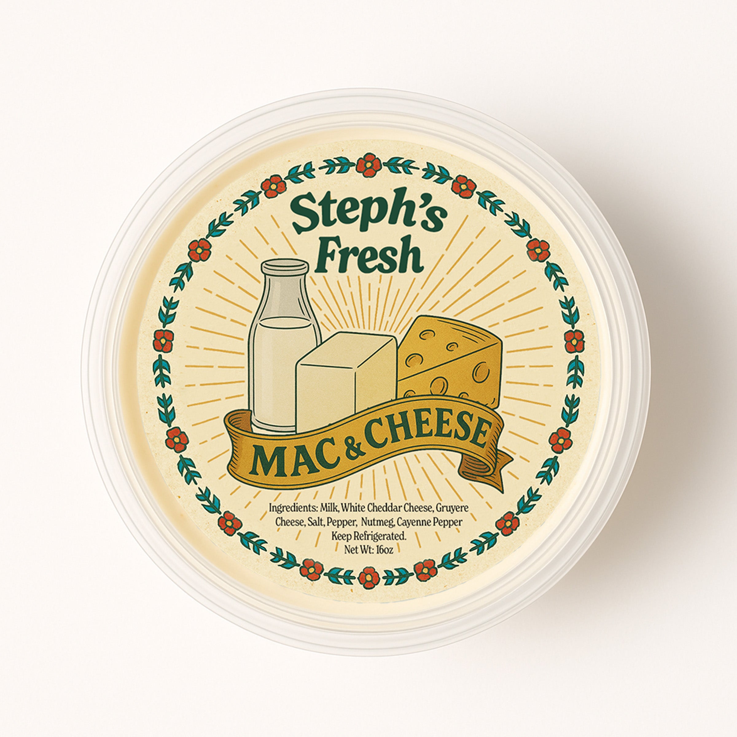 Steph's Fresh Mac & Cheese container with label on a white background