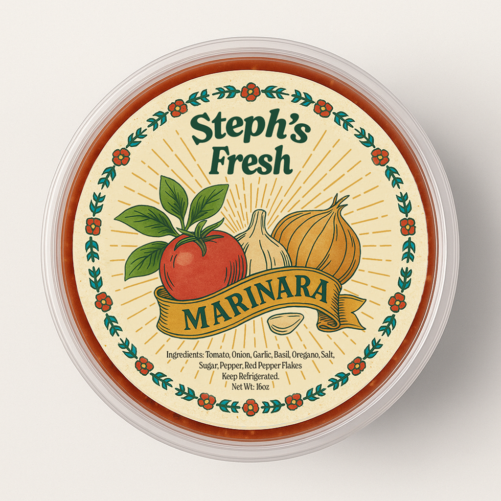 Steph's Fresh Marinara sauce container with label on a white background