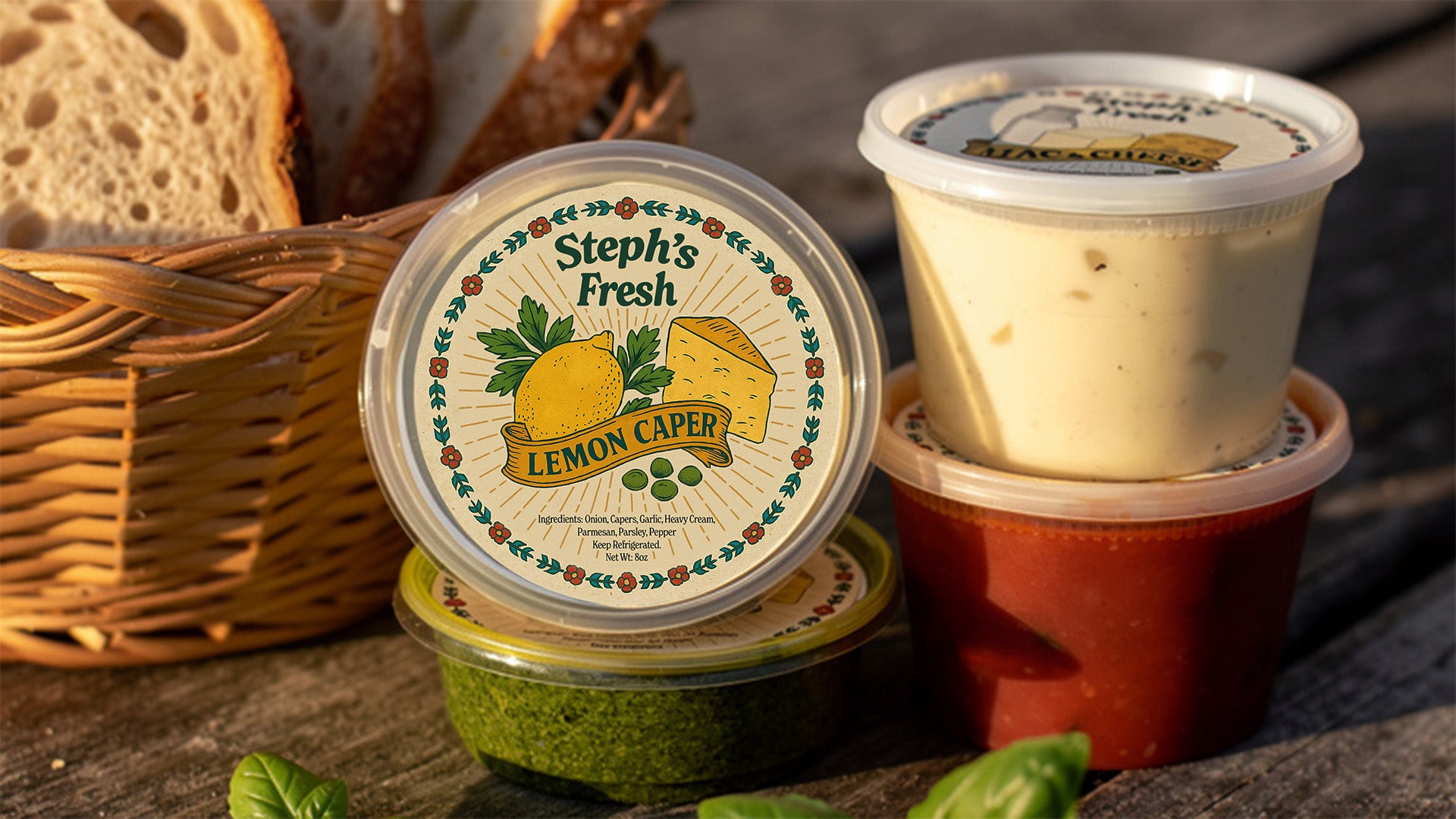 Three containers of 'Steph's Fresh' lemon caper spreads on a wooden surface with bread in the background.