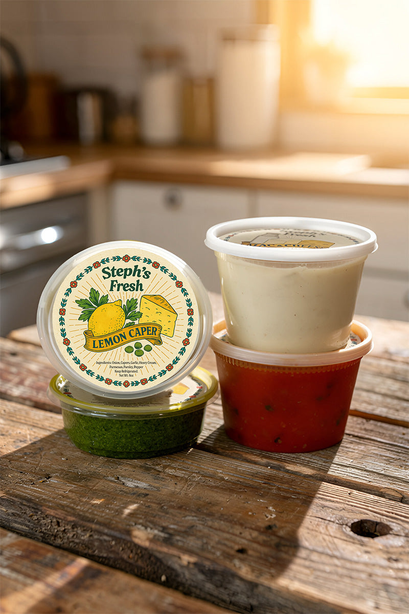 Steph's Fresh containers on a wooden surface with a kitchen background
