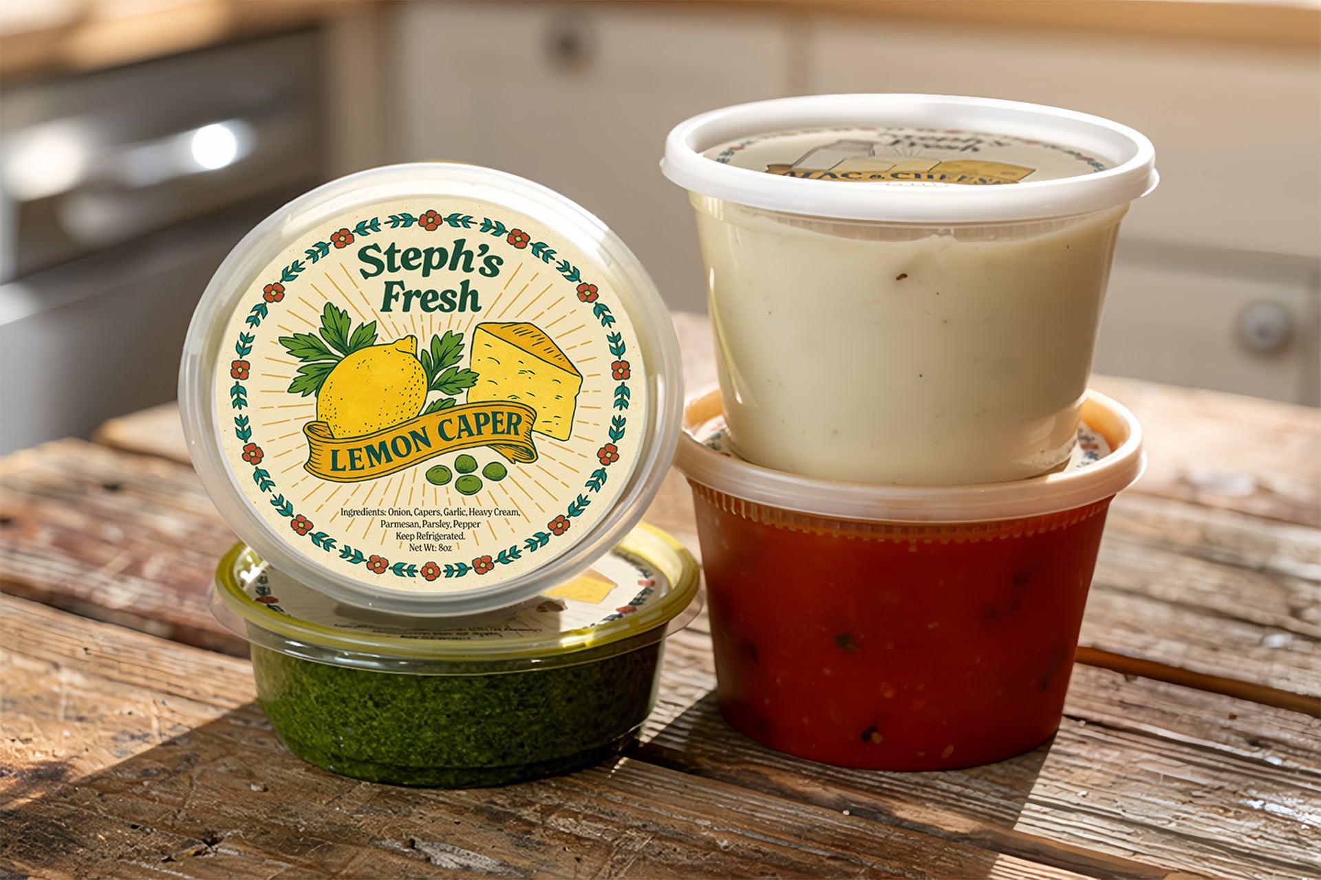 four sauce containers on a wooden table 