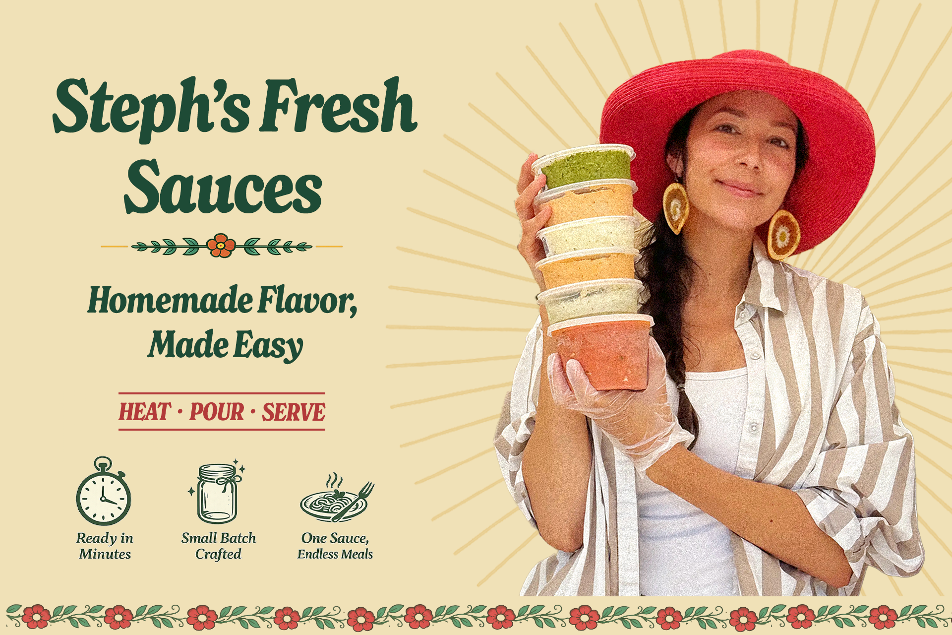 Woman holding a stack of colorful sauces with 'Steph's Fresh Sauces' branding on a decorative background.